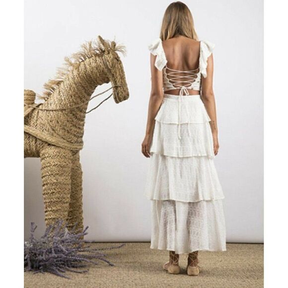 NEW SUNDRESS Sz S ADRIA TIERED EYELET MAXI SKIRT IVORY - Picture 3 of 3